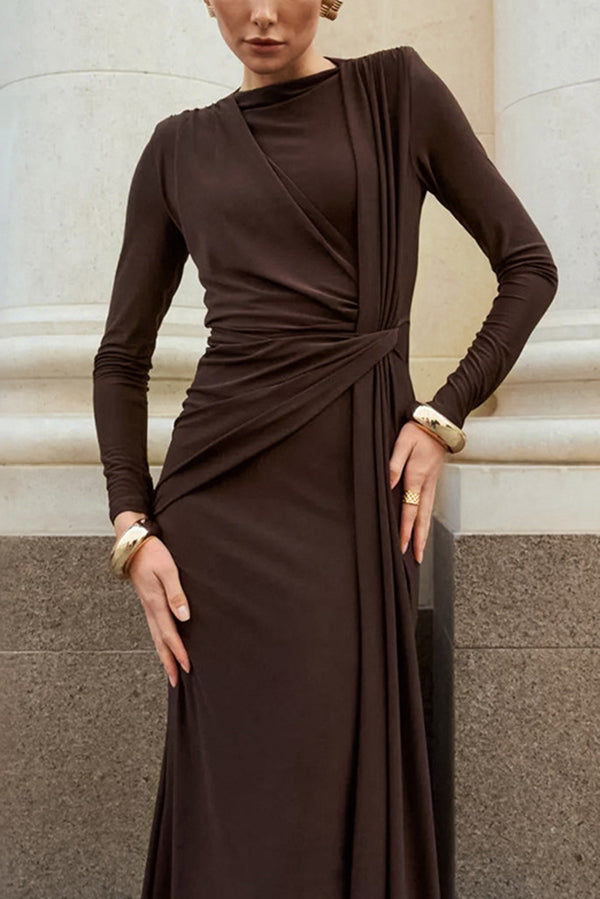Solid Color Knit Long-sleeved Knotted Slim-fit Maxi Dress