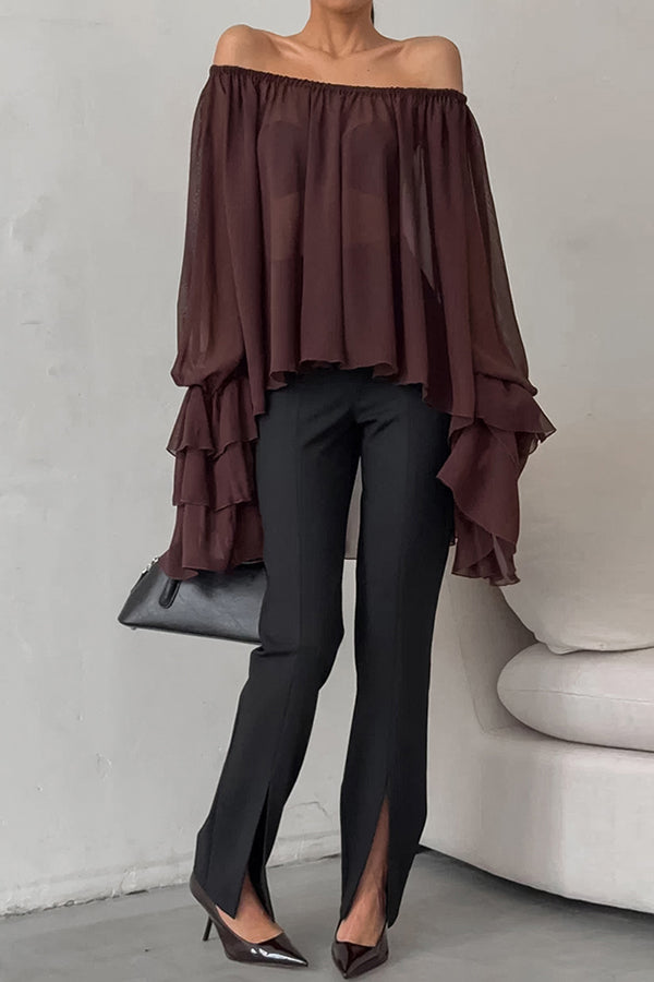 Solid Color Chiffon Off-shoulder Long-sleeved Loose Cover-up Top